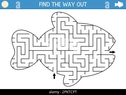 Geometrisches Labyrinth für Kinder unter dem Meer. Ausdruckbare Aktivität für Vorschulkinder. Wasserfischförmiges Labyrinthspiel oder Puzzle für Kinder Stock Vektor