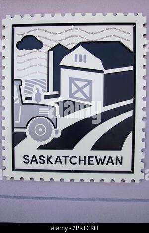 Saskatchewan Briefmarkenschild bei Tim Horton's in Moosomin, Saskatchewan, Kanada Stockfoto