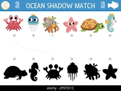 Unterwasserschatten-Matching-Aktivität. Meeresrätsel mit süßen Einsiedlerkrebsen, Quallen, Seesternen, Schildkröten, Seepferdchen. Finden Sie die richtige Silhouette, die bedruckbar ist w Stock Vektor