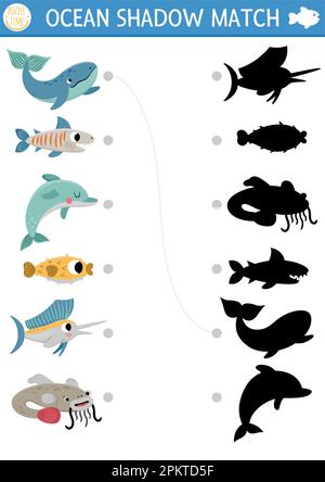 Unter dem Meeresschatten, der die Aktivität mit den Fischen verbindet. Meeresrätsel mit süßem Wal, Delfin, Hai, Kugelfisch. Suchen Sie das richtige Arbeitsblatt zum Ausdrucken der Silhouette Stock Vektor