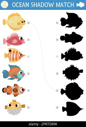 Unter dem Meeresschatten, der die Aktivität mit den Fischen verbindet. Meeresrätsel mit süßer Flunder, Barsch, Clownfisch, Kugelfisch. Finden Sie die richtige Druckversion für Silhouetten Stock Vektor