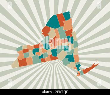 Karte von New York. Poster mit Karte des US-Bundesstaates in Retro-Farbpalette. Form von New York mit Sonnenstrahlen Hintergrund. Vektorabbildung. Stock Vektor