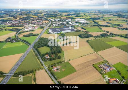 Luftaufnahme, Wiesen und Felder im Logistikzentrum Edeka und geplante Autobahnverbindung im Bezirk Rhynern in Hamm, Ruhrgebiet, Nordrhein-Westfalen Stockfoto