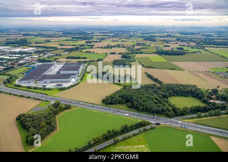 Luftaufnahme, Wiesen und Felder im Logistikzentrum Edeka und geplante Autobahnverbindung im Bezirk Rhynern in Hamm, Ruhrgebiet, Nordrhein-Westfalen Stockfoto