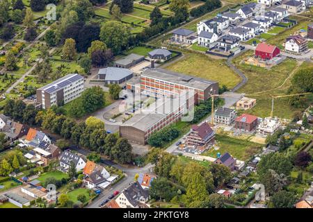 Luftaufnahme, neuer Gebäudebereich auf dem Beisenkamp mit der Beisenkamp Highschool im Bezirk Mitte in Hamm, Ruhrgebiet, Nordrhein-Westfalen, Ge Stockfoto
