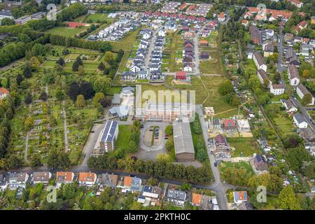 Luftaufnahme, neuer Gebäudebereich auf dem Beisenkamp mit der Beisenkamp Highschool im Bezirk Mitte in Hamm, Ruhrgebiet, Nordrhein-Westfalen, Ge Stockfoto
