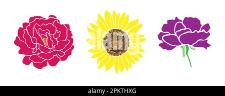 Leuchtende Blumen. Rose, Sonnenblume, Nelke in flachem Stil. Lebendige Farben und einfaches Blumendesign. Für den Einsatz im digitalen oder gedruckten Design Stock Vektor