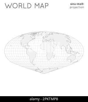 Weltkarte. Kugel in Sinu-mollweide-Projektion, mit Rasterlinien. Darstellung des Konturvektors. Stock Vektor