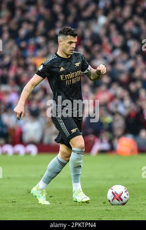 Anfield, Liverpool, Merseyside, Großbritannien. 9. April 2023. Premier League Football, Liverpool gegen Arsenal; Granit Xhaka von Arsenal Credit: Action Plus Sports/Alamy Live News Stockfoto