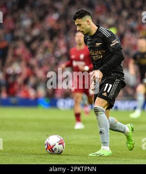 Anfield, Liverpool, Merseyside, Großbritannien. 9. April 2023. Premier League Football, Liverpool gegen Arsenal; Gabriel Martinelli von Arsenal Credit: Action Plus Sports/Alamy Live News Stockfoto