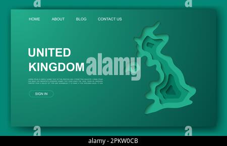 Vorlage für Website mit Papierschnitt für Großbritannien 3D. Abbildung mit ausgeschnittenem Kartenpapier für Großbritannien. Landing-Page- und Werbeseite-Landing-Page-Symbol für das jeweilige Land. Stock Vektor