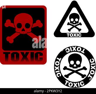 Gefahrenwarnschilder (Schädel- und Kreuzknochensymbol und Wort „GIFTIG“) auf weißem Hintergrund, Collage Stockfoto