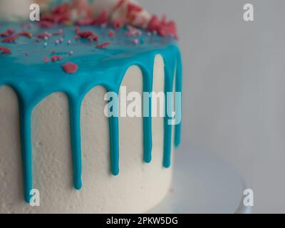 studioaufnahme von Schokoladenbrot, blau tropfender, weißer Tassenkuchen, Einhorn, Baiser und Streusel oben Stockfoto