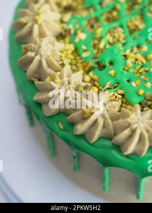 studiofoto von grüner Pistazien-Frost-Tasse Kuchen Stockfoto