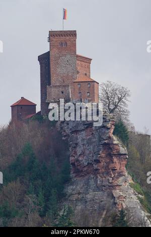 Annweiler Am Trifels, Deutschland. 07. April 2023. Trifels Castle im Pfalz-Wald. Seit 1998 hat Deutschlands größtes zusammenhängendes Waldgebiet, der Pfalz, zusammen mit seinem französischen Partner, dem Nördlichen Vogesen-Naturpark, ein gemeinsames Biosphärenreservat gebildet. (Zu dpa-KORR Cross-border with lots of Forest: Ein rekordbrechendes Projekt feiert Jubiläum) Credit: Uwe Anspach/dpa/Alamy Live News Stockfoto