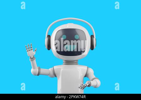 Freundlicher Chatroboter im Cartoon-Stil, der hallo winkt. 3D Abbildung. Stockfoto