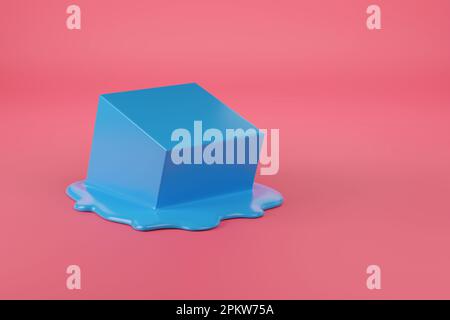 Blauer Würfel schmilzt auf pinkfarbenem Hintergrund. 3D Abbildung. Stockfoto