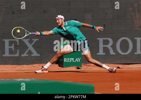 Monaco, Monaco. 09. April 2023. MONACO, Monte Carlo Tennis Masters auf 9. April 2023; Emil Ruusuvuori aus Finnland gegen Jan-Lennard Struff aus Deutschland während der Qualifikation am Gericht Rainier III, 2023 Monte-Carlo Mastern, Bild: Jan-Lennard Struff, gebührenpflichtiges Bild, Copyright Thierry CARPICO/ATP Images. (CARPICO Thierry/ATP/SPP) Kredit: SPP Sport Press Photo. Alamy Live News Stockfoto