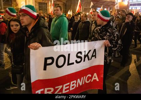 Breslau, Dolnoslaskie, Polen. 11. November 2014. Während des Protests tragen die Protestanten die polnische Nationalflagge. Am 11. November findet der Polnische Unabhängigkeitstag statt, der große Unabhängigkeitsmarsch. Die Demonstranten fordern eine Rückkehr zu den traditionellen polnischen Werten und Identität und berufen sich dabei oft auf Katholizismus und Nationalismus als wichtige Teile ihrer Weltsicht. Viele von ihnen schließen sich rechtsextremen politischen Ideologien an und sind mit Organisationen wie der Nationalen Wiedergeburt Polens und der Allpolnischen Jugend und Fußball-Hooligans verbunden. Allerdings ist darauf hinzuweisen, dass nicht alle Teilnehmer daran beteiligt sind Stockfoto