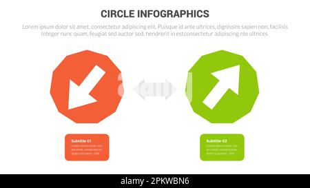 Kreisförmige Infografiken Vorlage Diagrammbanner mit Aufwärts- und Abwärtspfeilen und 2-Punkt-Stufenvektor für kreatives Design Stockfoto