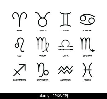 Symbolset mit 12 Zodiac-Zeichen, elegantes minimalistisches Liniendesign, Sammlung mystischer Illustrationen, Banner mit Horoskop-Symbolen, Geburtskarte. Vecto Stock Vektor