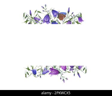 Aquarelle mit Wildblumen und Schmetterlingen isoliert auf weißem Hintergrund. Abbildung von campanula, Hafer für Postkartendesign, andere Einladung Stockfoto