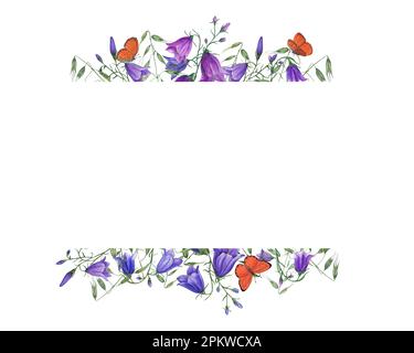 Aquarelle mit Wildblumen und Schmetterlingen isoliert auf weißem Hintergrund. Abbildung von campanula, Hafer für Postkartendesign, andere Einladung Stockfoto
