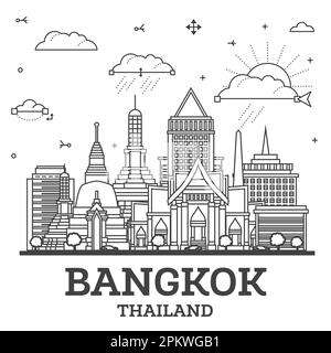 Umreißen Sie die Skyline von Bangkok Thailand City mit modernen und historischen Gebäuden auf White. Vektorgrafik. Stadtbild von Bangkok mit Wahrzeichen. Stock Vektor