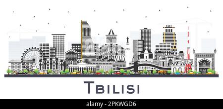 Die Skyline von Tiflis Georgia mit farbigen Gebäuden, isoliert auf Weiß. Vektordarstellung. Stadtbild von Tiflis mit Wahrzeichen. Geschäftsreisen. Stock Vektor