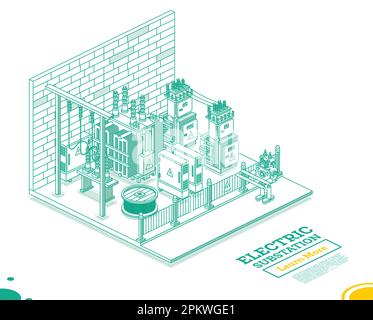 Isometrie-Energie-Umspannwerk Innen. Elektrischer Transformator. Konzept Umreißen. Vektordarstellung. Grüne Farbe. Teil der Vertriebskette. Hochvolt Stock Vektor