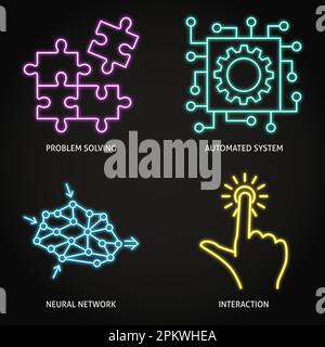 Neuronales Netzwerk und automatisierte Systeme Neon-Symbolsatz. Vektordarstellung. Stock Vektor