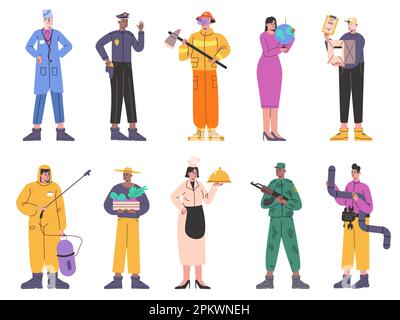 Cartoon-Figuren für die Arbeiter. Männer oder Frauen in Overalls. Leute in Uniform. Postbote und Polizist. Profis arbeiten. Koch Koch und Stock Vektor