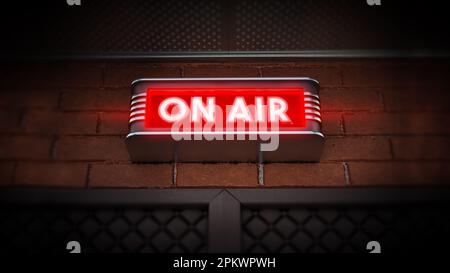 Auf Luft Schild über der Tür einer Sendung. 3D-Darstellung. Stockfoto