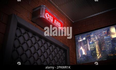 Auf Luft Schild über der Tür einer Sendung. 3D-Darstellung. Stockfoto