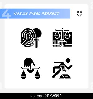Beweise für Verbrechen vor Gericht pixeln perfekte schwarze Glyphen-Symbole auf weißen Flächen Stock Vektor