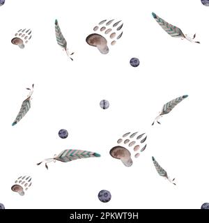 Wasserfarbenes Tribal-Muster. Wasserfarben Wigwams und authentische indianische Elemente nahtlos. Boho America traditionelles einheimisches Ornament Stockfoto