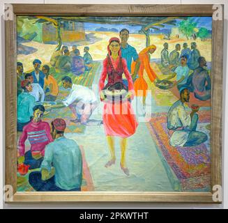 Ein Gemälde von J. Bekanov mit dem Titel "Hochzeit". Im Savitsky State Museum of Arts der Republik Karakalpakstan in Nukus, Usbekistan. Stockfoto