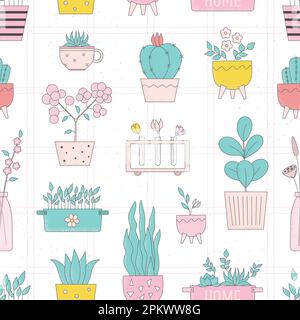 Süßes Vektornadelmuster mit Hauspflanze, Vase, Blumen für Tapete, Geschenkpapier. Stock Vektor