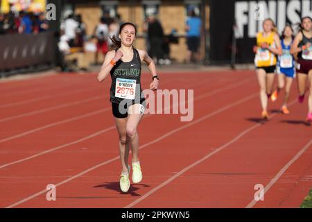 Rebecca O'Keefe von Skyline gewinnt die Girls Seed Mile in 4:48,24, während des Arcadia Invitational High School Meet am Samstag, den 8. April 2023, in Arcadia, Kalif. Stockfoto