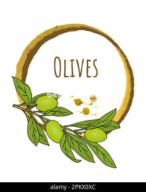 Umrahmen Sie die Aquarelle mit grünen Oliven. Handgezeichnet. Für Design. Vektordarstellung Stock Vektor
