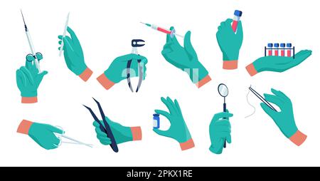 Arzthandschuhe. Mediziner in sterilen Gummihandschuhen mit Spritze und therapeutischen Hilfsmitteln, Gesundheitswesen Impfkrankheit Behandlungskonzept. Vektorsatz Stock Vektor