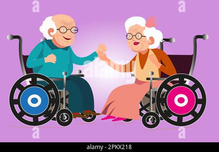 Zwei fröhliche alte Leute, ein Mann und eine Frau sitzen in Stühlen, um sich zu bewegen Stock Vektor
