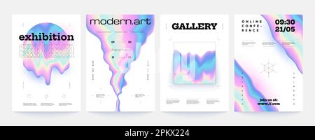 Hologrammformen-Banner. Moderne abstrakte Poster mit kosmischen geometrischen Formen, futuristische, flüssige Sci-Fi-Formen im Retro-Stil für Etiketten- und Cover-Design. Vektor Stock Vektor