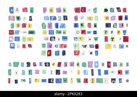 Lösegeld-Schriftart. Farbige Groß- und Kleinbuchstaben, Zahlen und Satzzeichen, ausgeschnittenes Erpressungsalphabet Vektor anonyme Schriftart von t Stock Vektor