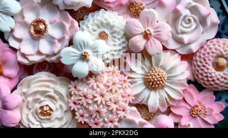 Nahaufnahme thailändisches Dessert verschiedene Blumen in Pastellrosa, Kokosmilch-Geschmack, traditioneller thailändischer handgefertigter Snack von Sam Pan Nee, königlich berühmt Stockfoto