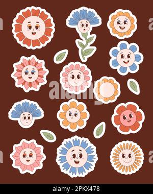 Groovy Blumenaufkleber. Lustige Hippie-70s-Cartoon-Blumen im Retro-Look. Illustrationen isolierter Vektoren. Kollektion niedlicher Pflanzen in trendigen Nostalgie Stock Vektor