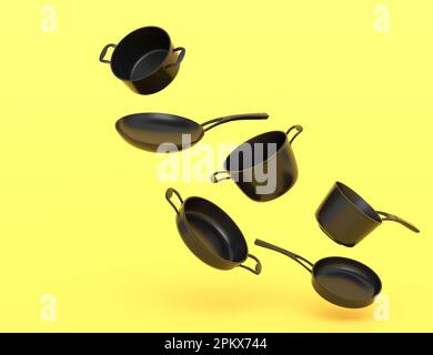 Set aus fliegendem Stewpot aus Edelstahl, Bratpfanne und Kochgeschirr aus verchromtem Aluminium auf monochromem Hintergrund. 3D Render von antihaftbeschichtenden Küchenutensilien Stockfoto