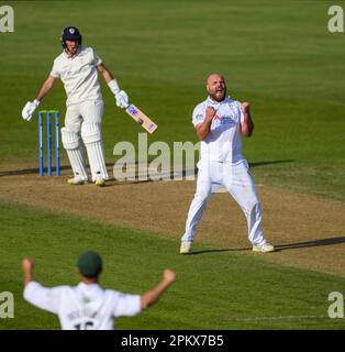 Joe Leach aus Worcestershire appelliert erfolgreich an das Wicket von Wayne Madsen aus Derbyshire in einem County Championship Match Stockfoto