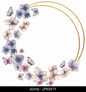 Aquarellblau und violette Hortensien mit Farnkranz, Blumenstrauß. Handgezeichnete Gartenblumen umrahmen den Clipart, Blumenzusammensetzung Stockfoto