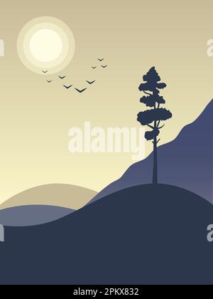 Mystische Landschaft einer einsamen Kiefer vor dem Hintergrund der Sonne und einer Vogelschar. Blick auf die Hügel und Berge. Stock Vektor